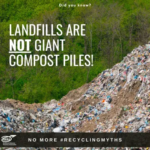 Text: Landfills are not giant compost piles. Photo: A pile of garbage.
