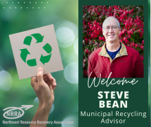 Welcome Steve Bean with image of man in red shirt and a hand holding a recycling sign