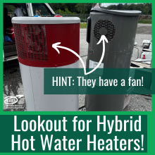 Hybrid hot water heaters with arrows pointing to the fans on the heaters